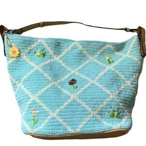 SALE! Vintage Liz Claiborne Blue Floral Crochet Shoulder Bag Purse with Charm